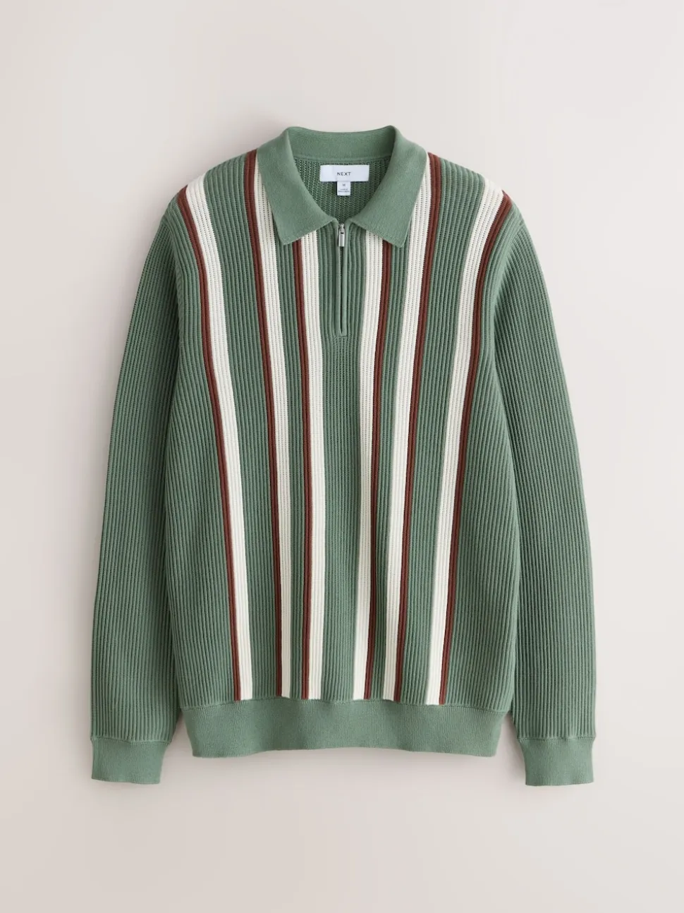 Sage Green Regular Fit Long Sleeve Stripe Zip Neck Knit Polo Shirt