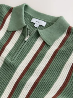 Sage Green Regular Fit Long Sleeve Stripe Zip Neck Knit Polo Shirt
