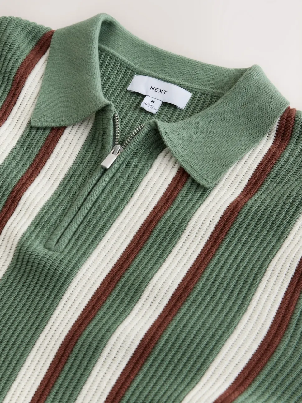 Sage Green Regular Fit Long Sleeve Stripe Zip Neck Knit Polo Shirt