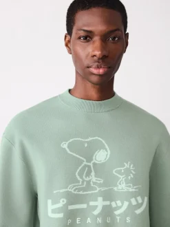 Sage Green Relaxed Fit Snoopy Graphic Print Crew Neck Jumper