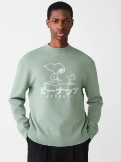 Sage Green Relaxed Fit Snoopy Graphic Print Crew Neck Jumper