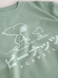 Sage Green Relaxed Fit Snoopy Graphic Print Crew Neck Jumper