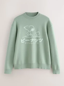Sage Green Relaxed Fit Snoopy Graphic Print Crew Neck Jumper