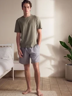 Sage Green/Grey Linen Blend Pyjamas Shorts Set
