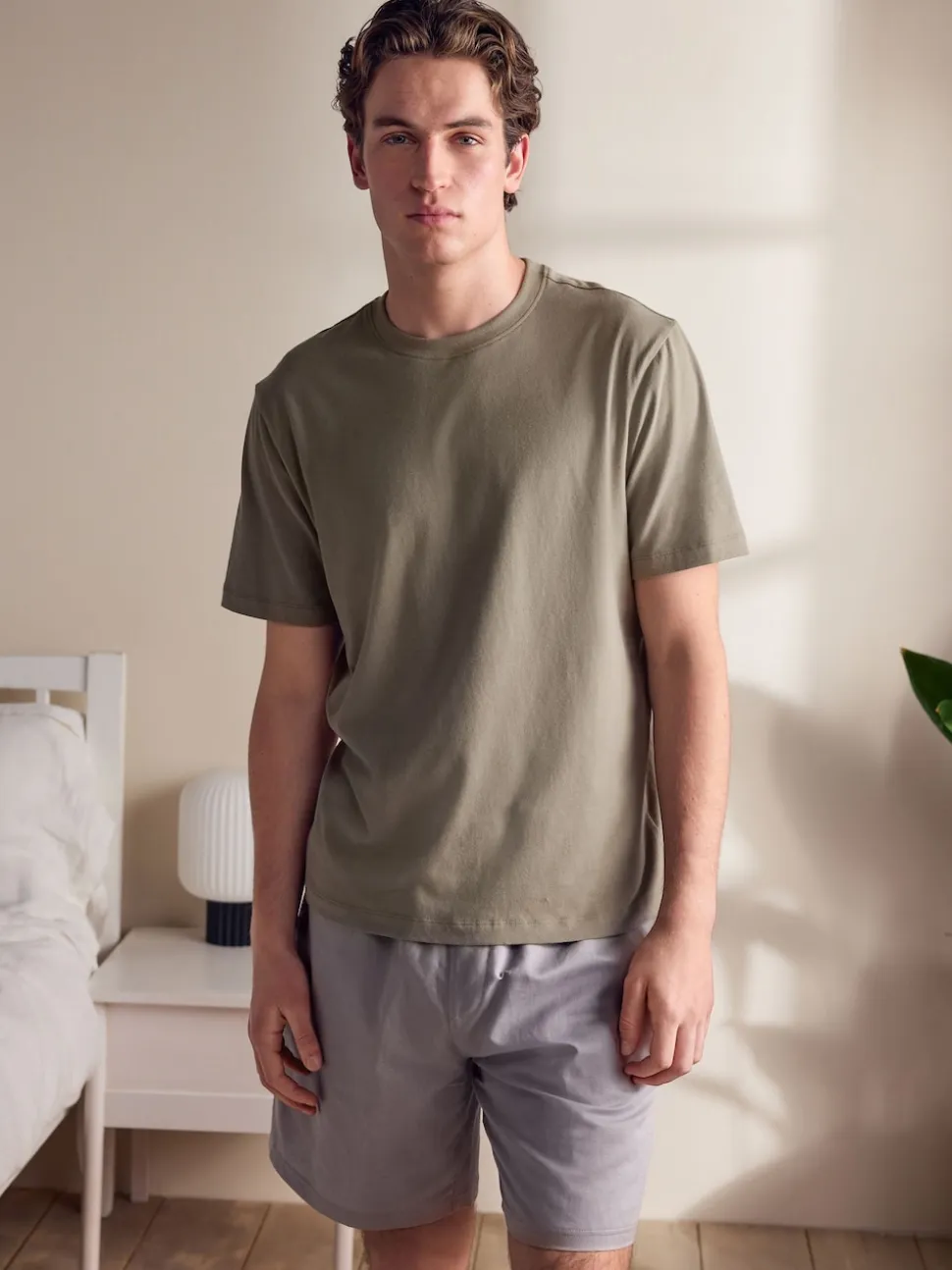 Sage Green/Grey Linen Blend Pyjamas Shorts Set