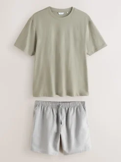 Sage Green/Grey Linen Blend Pyjamas Shorts Set