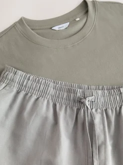 Sage Green/Grey Linen Blend Pyjamas Shorts Set