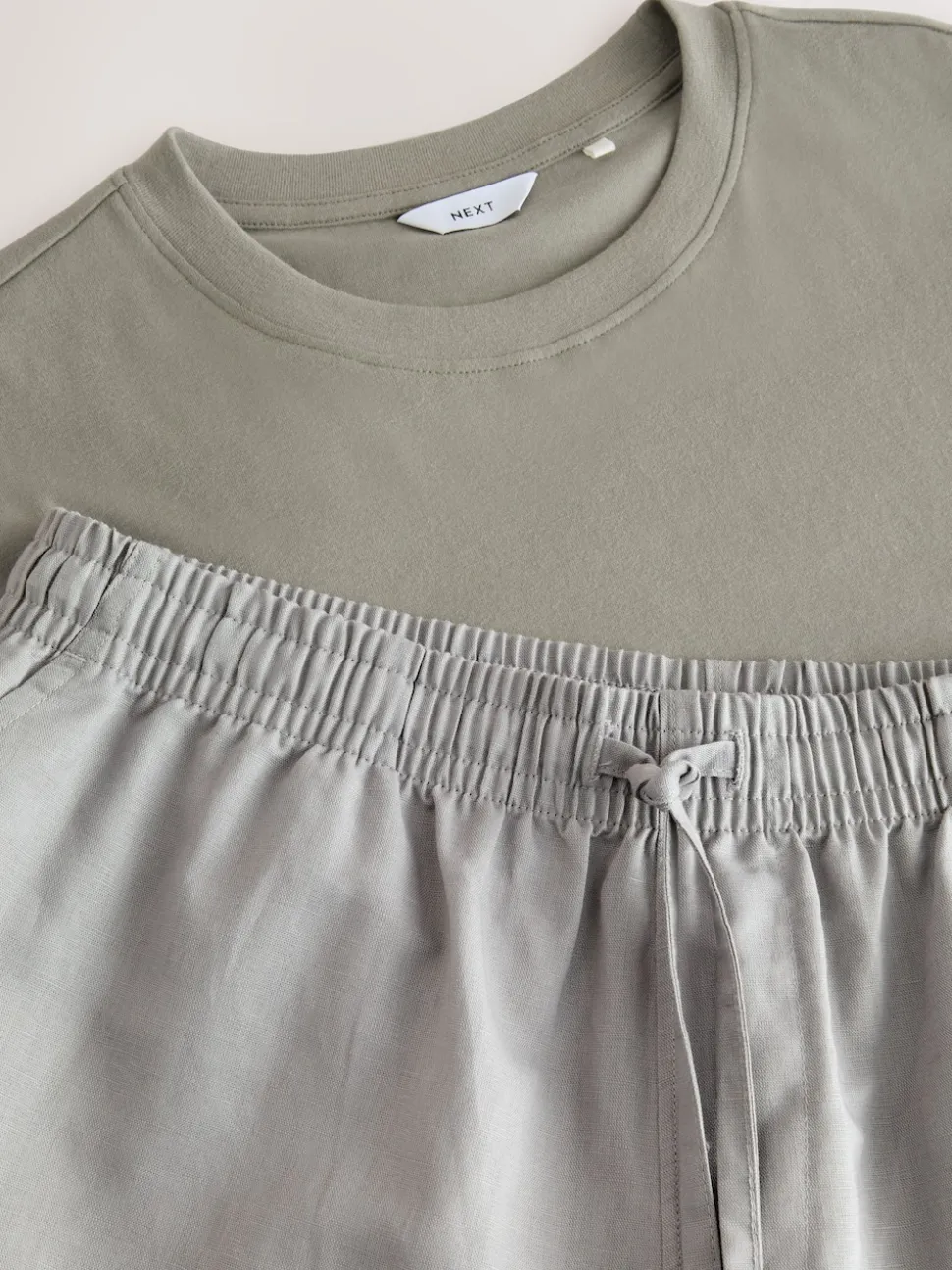 Sage Green/Grey Linen Blend Pyjamas Shorts Set