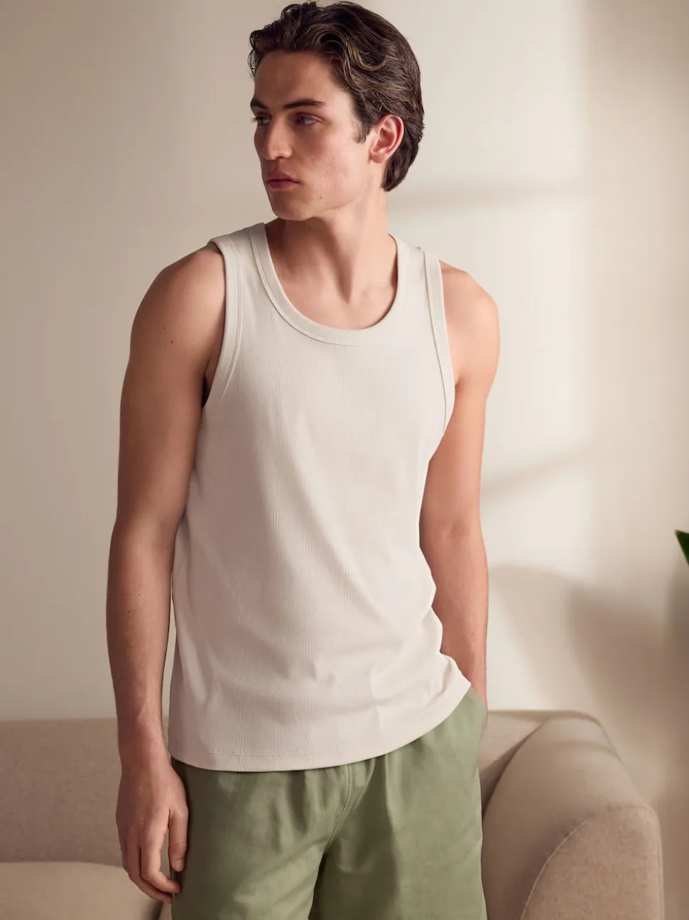 Sage Green/White Linen Blend Vest Pyjamas Shorts Set