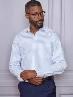 Savile Row Company Blue Classic Fit Striped Cotton Poplin Single Cuff Formal Shirt
