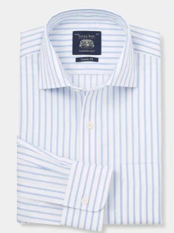 Savile Row Company Blue Classic Fit Striped Cotton Poplin Single Cuff Formal Shirt