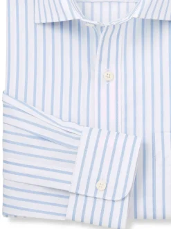 Savile Row Company Blue Classic Fit Striped Cotton Poplin Single Cuff Formal Shirt