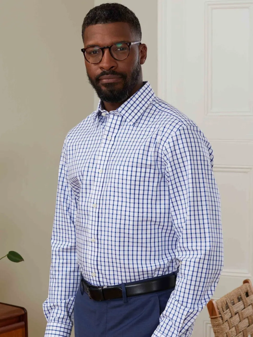 Savile Row Company Blue Classic Fit Check Non-Iron Single Cuff Formal Shirt