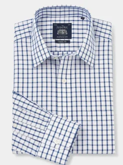 Savile Row Company Blue Classic Fit Check Non-Iron Single Cuff Formal Shirt