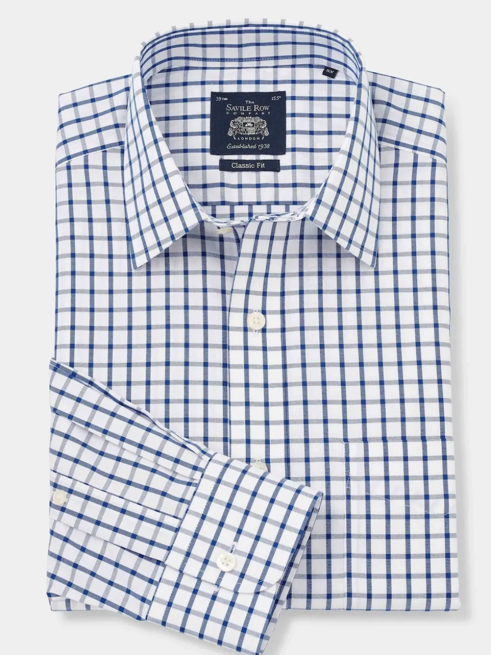 Savile Row Company Blue Classic Fit Check Non-Iron Single Cuff Formal Shirt