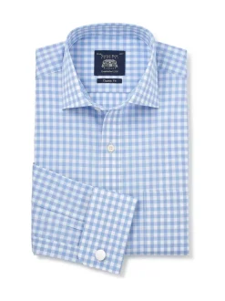 Savile Row Company Blue Classic Fit Gingham Check Cotton Double Cuff Formal Shirt