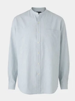 Savile Row Company Blue Classic Fit Stripe Linen Grandad Collar Casual Shirt