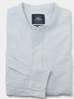 Savile Row Company Blue Classic Fit Stripe Linen Grandad Collar Casual Shirt