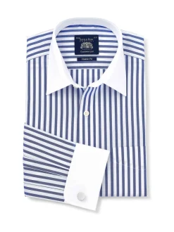 Savile Row Company Blue Classic Fit Striped Cotton Winchester Double Cuff Formal Shirt