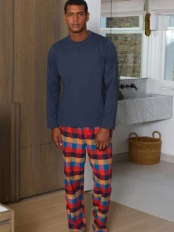 Savile Row Company Blue Checked Cotton Pyjama Bottoms & Long Sleeve T-Shirt Pyjama Set
