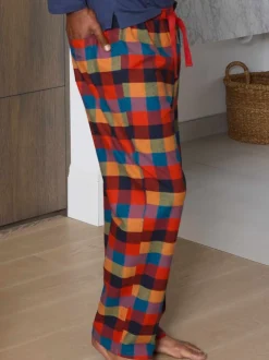 Savile Row Company Blue Checked Cotton Pyjama Bottoms & Long Sleeve T-Shirt Pyjama Set