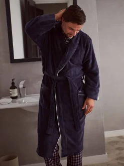 Savile Row Company Blue Fleece Dressing Gown With Piping