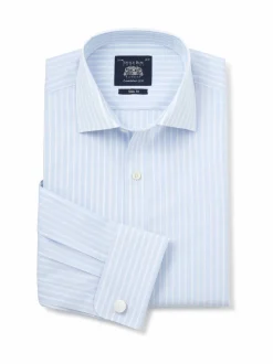 Savile Row Company Blue Slim Fit Striped Cotton Double Cuff Formal Shirt