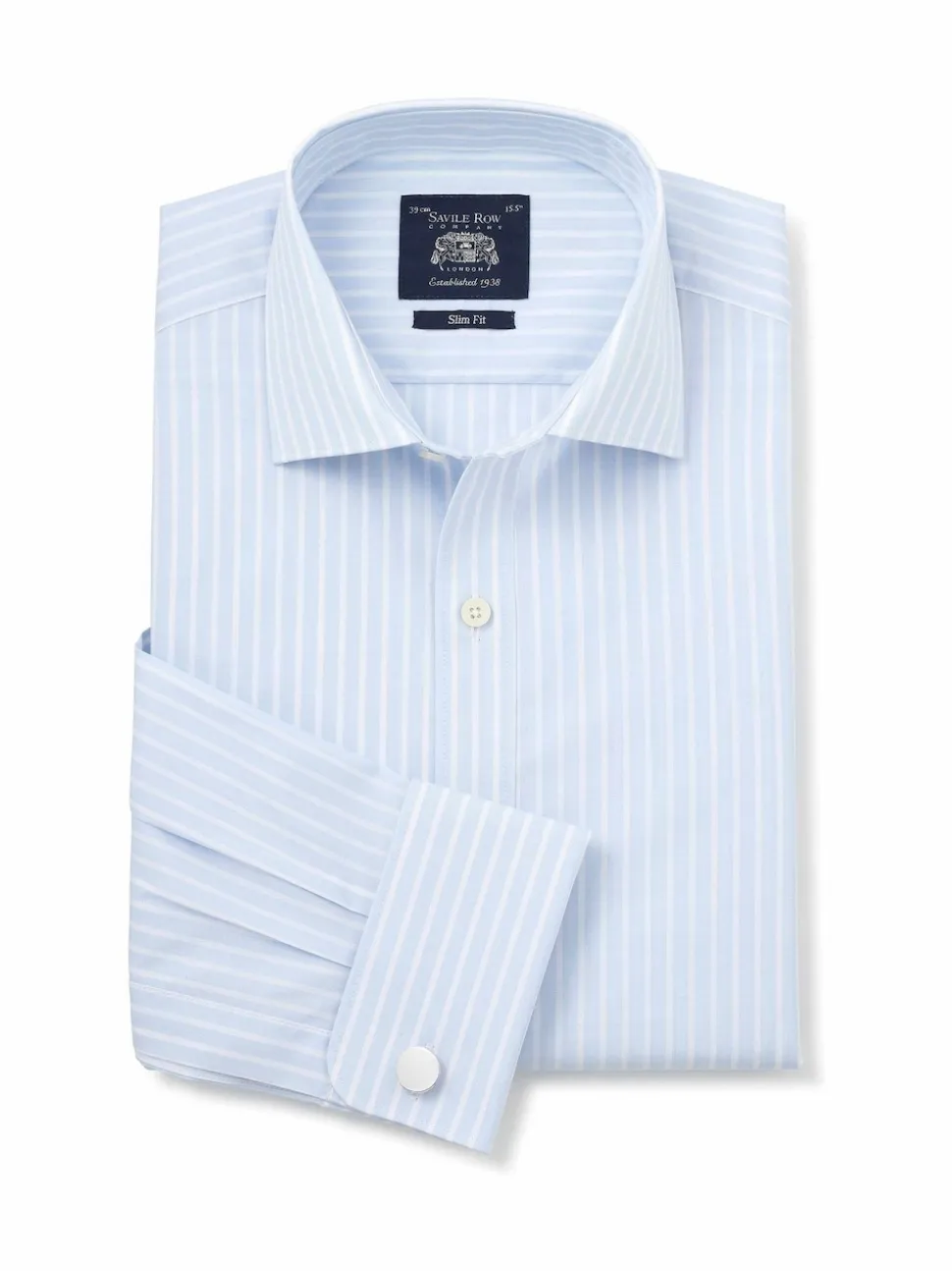 Savile Row Company Blue Slim Fit Striped Cotton Double Cuff Formal Shirt