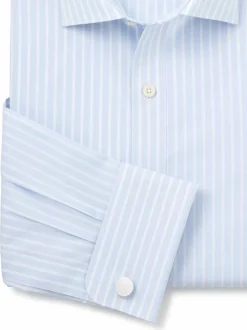 Savile Row Company Blue Slim Fit Striped Cotton Double Cuff Formal Shirt