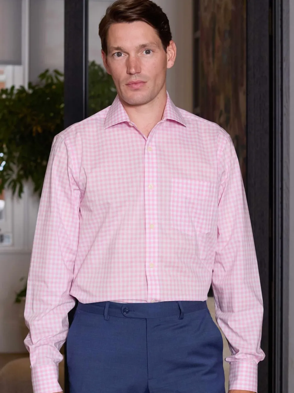 Savile Row Company Pink Classic Fit Gingham Check Cotton Single Cuff Formal Shirt