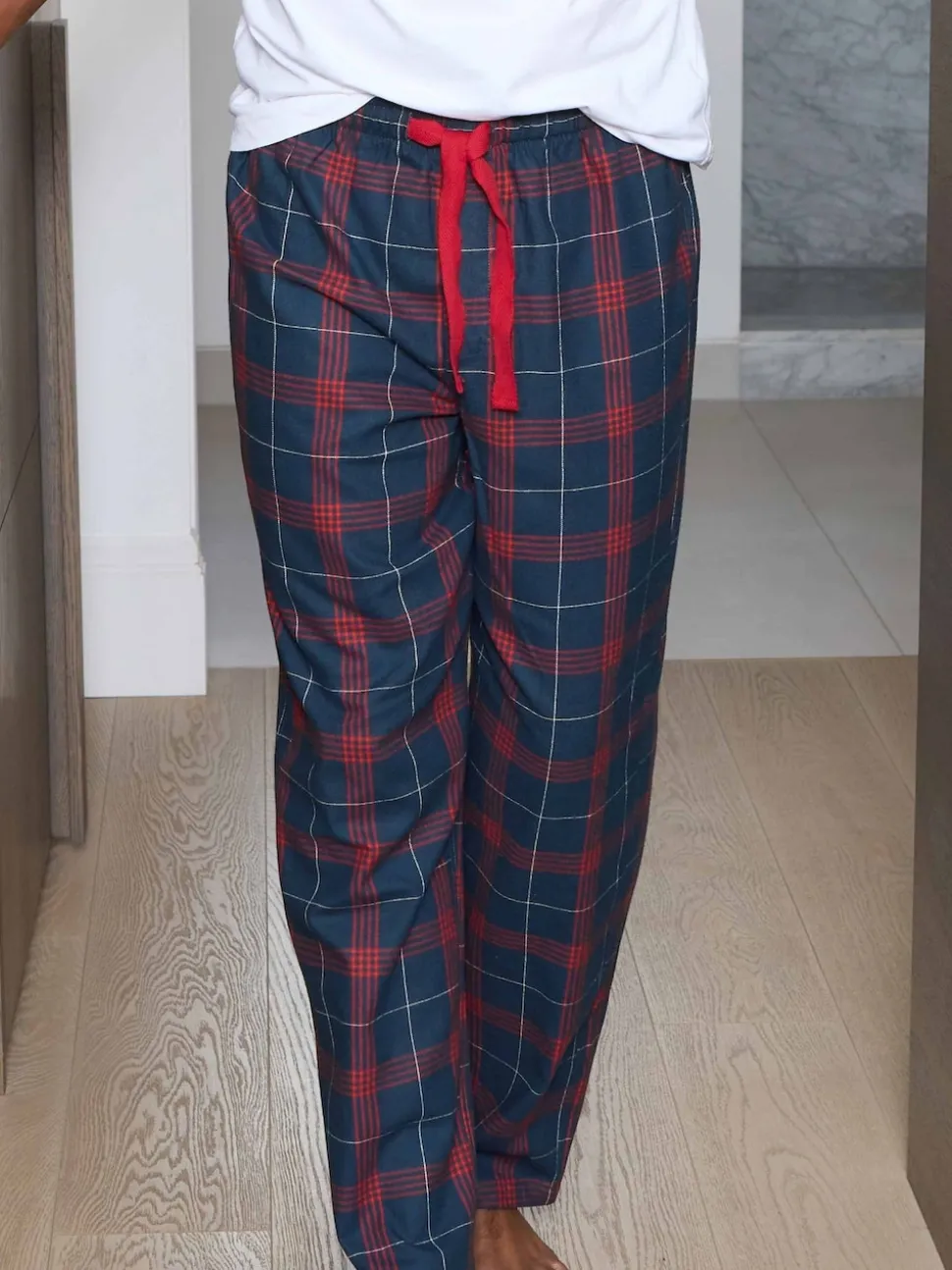 Savile Row Company Red Window Check Brushed Cotton Twill Pyjama Bottoms