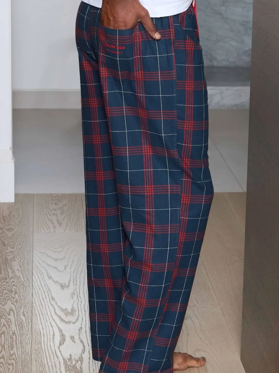 Savile Row Company Red Window Check Brushed Cotton Twill Pyjama Bottoms
