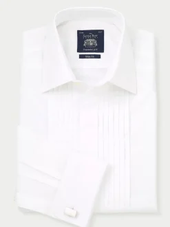 Savile Row Company White Slim Fit Cotton Poplin Pleated Double Cuff Tuxedo Shirt
