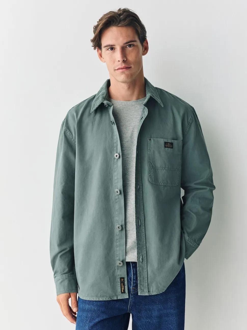 Seafoam Green Canvas Cord Collar Shacket Overshirt
