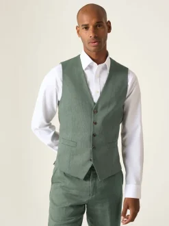Skopes Green Tailored Fit Calvados Single Breasted Linen Blend Suit Waistcoat