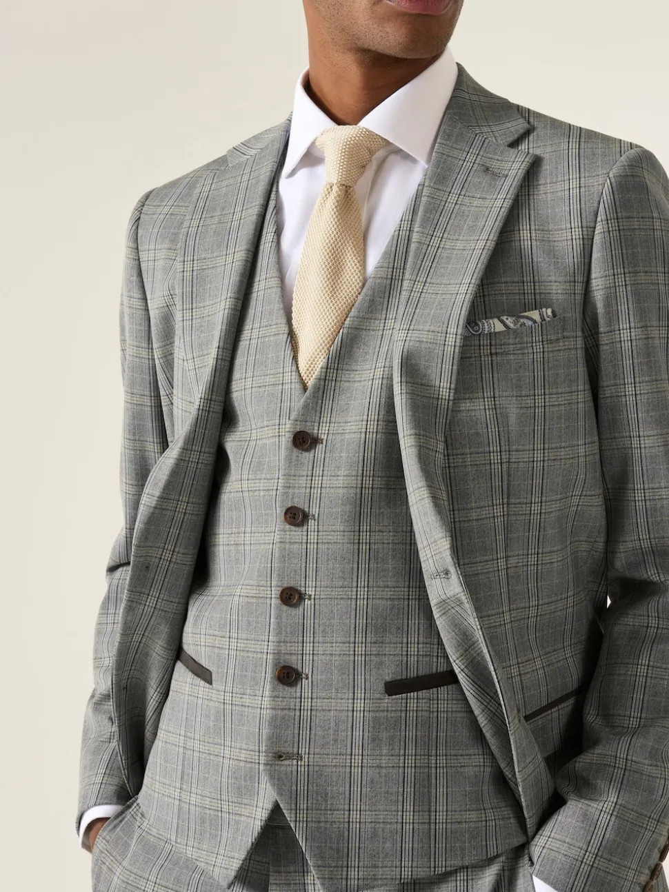 Skopes Grey Tailored Fit Single Breasted Dettori Check Suit Waistcoat