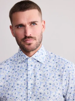 Sky Blue Slim Fit Signature 100% Cotton Floral Print Long Sleeve Shirt