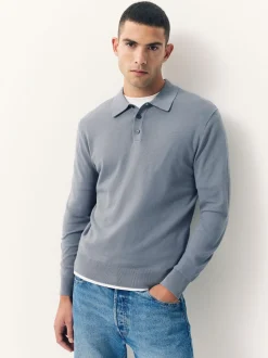 Slate Blue Slim Fit Cotton Rich Long Sleeve Knitted Polo Shirt