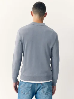 Slate Blue Slim Fit Cotton Rich Long Sleeve Knitted Polo Shirt