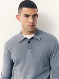 Slate Blue Slim Fit Cotton Rich Long Sleeve Knitted Polo Shirt