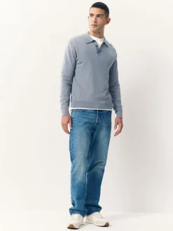 Slate Blue Slim Fit Cotton Rich Long Sleeve Knitted Polo Shirt