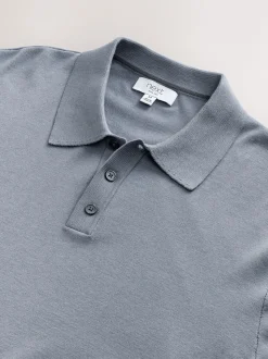 Slate Blue Slim Fit Cotton Rich Long Sleeve Knitted Polo Shirt