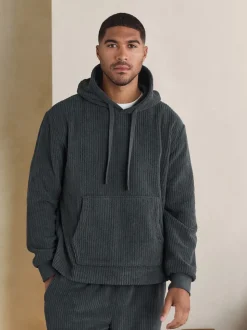 Slate Grey Borg Fleece Ribbed Texture Hoodie