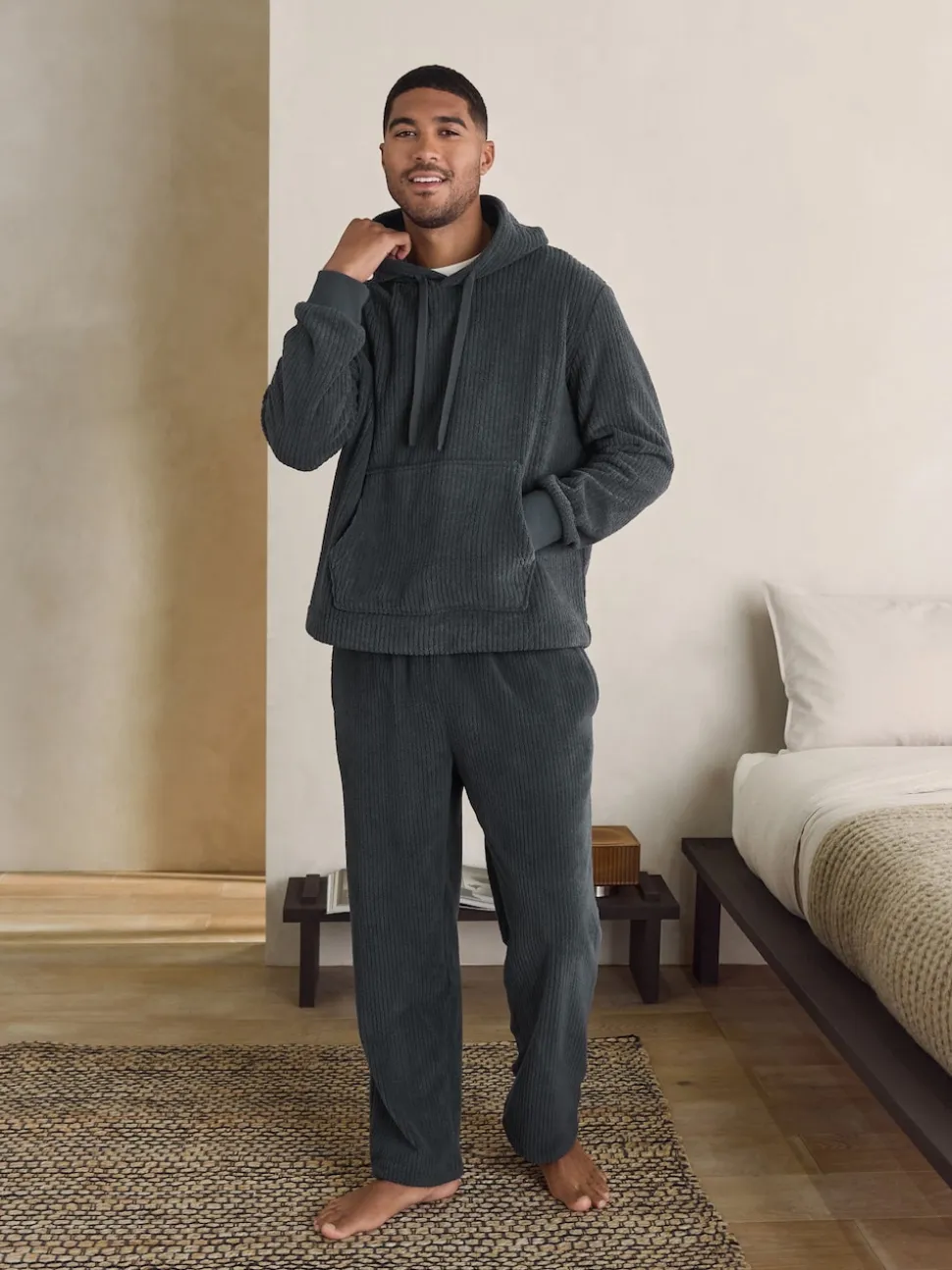 Slate Grey Borg Fleece Ribbed Texture Hoodie
