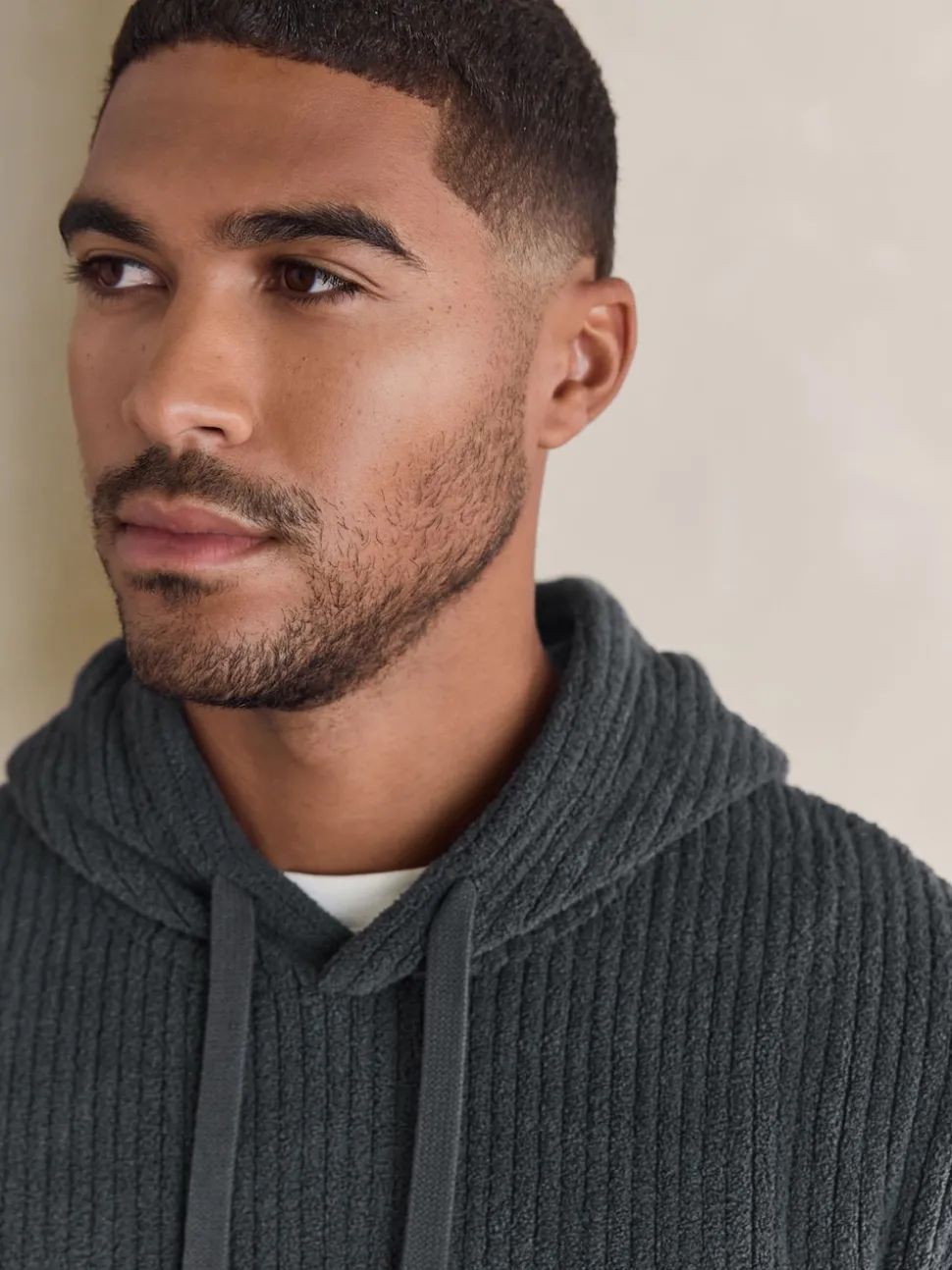 Slate Grey Borg Fleece Ribbed Texture Hoodie