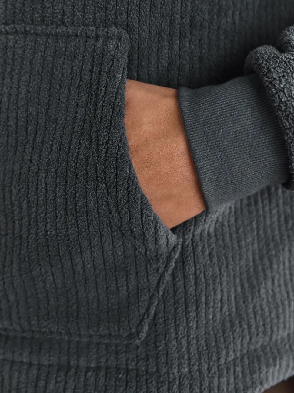 Slate Grey Borg Fleece Ribbed Texture Hoodie