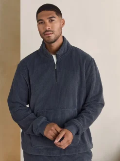 Slate Grey Borg Fleece Rib Textured Quarter Zip Hoodie