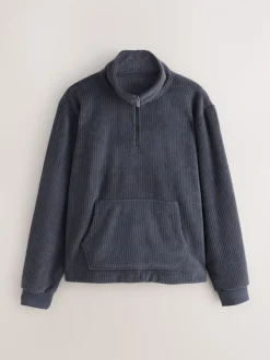Slate Grey Borg Fleece Rib Textured Quarter Zip Hoodie