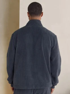 Slate Grey Borg Fleece Rib Textured Quarter Zip Hoodie