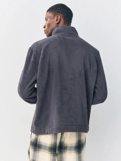 Slate Grey Borg Fleece Rib Textured Quarter Zip Hoodie